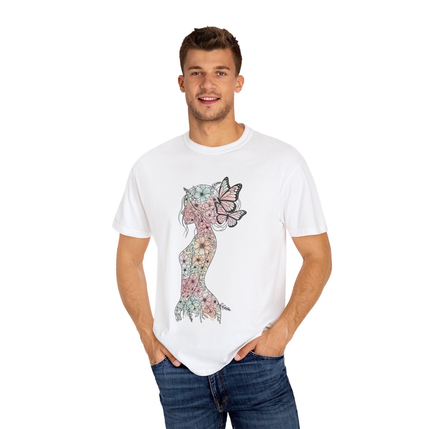 Whimsical Butterfly Silhouette T-shirt | Floral Art Tee, Nature Lover Gift, Boho Style Shirt, Summer Wardrobe Essential, Unique Graphic Top Printify