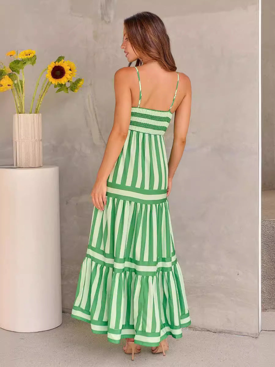 Summer Striped Printed Suspender Long Dress With Pockets Fashion Square Neck Backless Dresses For Beach Vacation Women Clothing CJ