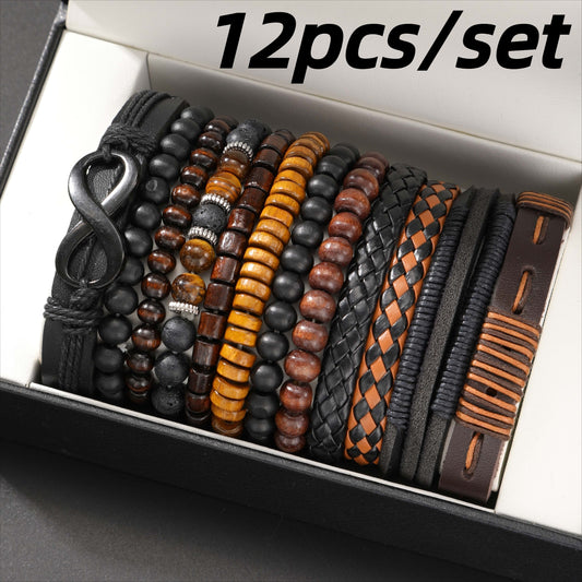 12-piece Vintage Men's Bracelet Set - Woven Leather, Tiger's Eye And Moonstone Beads, Synthetic Rope, Stylish Jewelry For Casual And Party Wear CJ