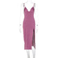 Spaghetti Strap Dress With Split Design Deep V-neck Sleeveless Backless Bodycon Party Dresses For Womens Clothing - M/S TMC India