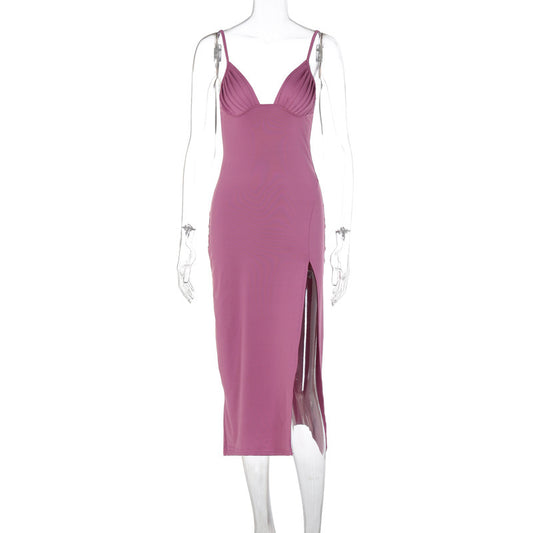 Spaghetti Strap Dress With Split Design Deep V-neck Sleeveless Backless Bodycon Party Dresses For Womens Clothing - M/S TMC India