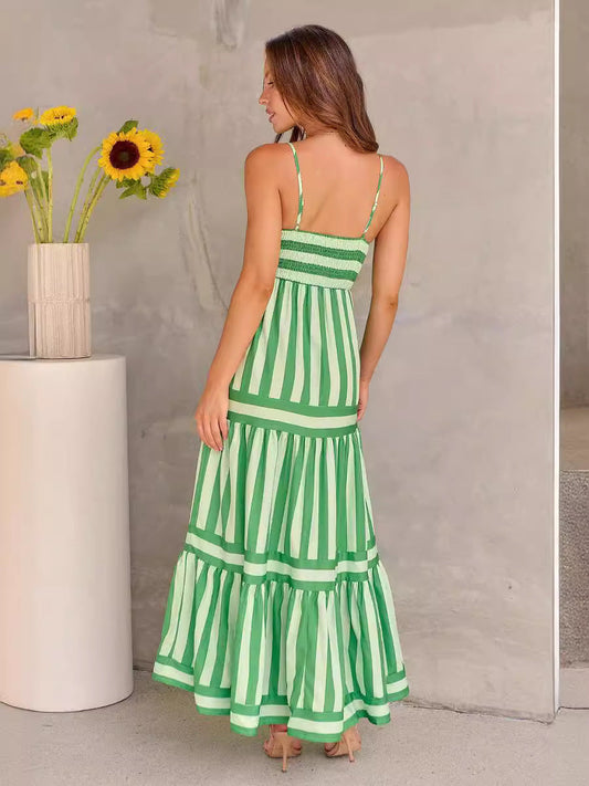 Summer Striped Printed Suspender Long Dress With Pockets Fashion Square Neck Backless Dresses For Beach Vacation Women Clothing CJ
